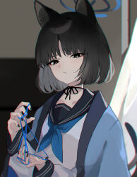 Rule 34 | 1girl, absurdres, animal ears, black eyes, black hair, black nails, black sailor collar, blue archive, blue halo, blue neckerchief, cat ears, cat tail, closed mouth, fingernails, halo, haori, highres, japanese clothes, kani nyan, kikyou (blue archive), long sleeves, looking at viewer, multiple tails, nail polish, neckerchief, sailor collar, school uniform, serafuku, short hair, solo, tail, two tails, upper body