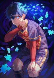 Rule 34 | 1boy, black shirt, black shorts, blue background, blue eyes, blue hair, blue lock, collared shirt, commentary, cowboy shot, hand up, highres, isagi yoichi, kshima mo369, long sleeves, looking at viewer, male focus, puzzle piece, red shirt, shirt, short hair, shorts, soccer uniform, solo, sportswear, standing, sweat, two-tone shirt, wiping sweat