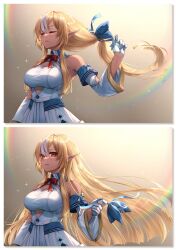 Rule 34 | 1girl, alternate hairstyle, blonde hair, blush, bow, breasts, cleavage, curry bowl, dark-skinned female, dark elf, dark skin, detached sleeves, elf, gloves, hair bow, highres, hololive, large breasts, long hair, looking at viewer, multicolored hair, pointy ears, red eyes, shiranui flare, shiranui flare (1st costume), sidelocks, smile, solo, streaked hair, virtual youtuber, white gloves, white hair, white sleeves