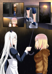 Rule 34 | 2girls, apron, blonde hair, blue eyes, breasts, commentary request, hair between eyes, highres, holding, holding umbrella, hood, hooded jacket, jacket, long hair, long sleeves, looking at another, maid, maid apron, maid headdress, medium breasts, multiple girls, original, outdoors, rain, red eyes, standing, umbrella, white hair, zaregoto tsukai no deshi
