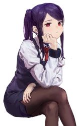 Rule 34 | 1girl, absurdres, bartender, commentary request, expressionless, feet out of frame, hand on own chin, highres, jill stingray, long hair, long sleeves, looking at viewer, necktie, pantyhose, purple hair, purple vest, red eyes, red necktie, shirt, sidelocks, simple background, skirt, solipsist, solo, twintails, va-11 hall-a, vest, white background, white shirt