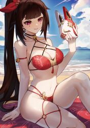 Rule 34 | 1girl, alternate hairstyle, arm support, bare arms, bare shoulders, beach, bell, bikini, black choker, black hair, blue sky, blunt bangs, breasts, choker, cleavage, cloud, commentary, criss-cross halter, day, fox mask, halterneck, hand up, highres, holding, holding mask, honkai: star rail, honkai (series), jingle bell, knee up, koharu1807, large breasts, mask, navel, neck bell, o-ring, o-ring bikini, ocean, pink eyes, ponytail, red bikini, sitting, sky, solo, sparkle (honkai: star rail), stomach, swimsuit, thighs, water