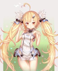 Rule 34 | 1girl, :o, ahoge, azur lane, bare arms, bare shoulders, blonde hair, blush, breasts, brown eyes, character name, chicami, collarbone, commentary request, covered navel, cowboy shot, dress, eldridge (azur lane), facial mark, fang, fingernails, fur trim, gluteal fold, hair ornament, heart, highres, lightning bolt symbol, long hair, looking at viewer, medium breasts, parted lips, sleeveless, sleeveless dress, solo, twintails, very long hair, white dress