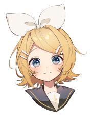 Rule 34 | 1girl, :3, asymmetrical bangs, black sailor collar, blonde hair, blue eyes, blush, bow, closed mouth, commentary, cropped torso, dot nose, flipped hair, hair bow, hair ornament, hairclip, headphones, highres, kagamine rin, light smile, looking at viewer, medium hair, sailor collar, sazanami (ripple1996), simple background, solo, straight hair, swept bangs, treble clef, upper body, vocaloid, white background, white bow