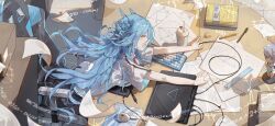 Rule 34 | 1girl, alternate costume, ayanami rei, bare arms, blue hair, blush, braid, cable, cameo, chair, character doll, chenmuo, chinese commentary, commentary, computer, crying, cup, desk, drawing tablet, drinking straw, eraser, from above, from side, gaming chair, headgear, highres, keyboard (computer), lamia (punishing: gray raven), laptop, leaning forward, making-of available, math, miniskirt, mouse (computer), mousepad (object), necktie, on chair, open mouth, outstretched arms, paper, pen, pencil, pleated skirt, profile, punishing: gray raven, red necktie, ruler, school uniform, shirt, short sleeves, skirt, solo, studying, stylus, swivel chair, tears, textbook, tile floor, tiles, trigonometry, white shirt