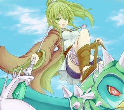 Rule 34 | 1girl, bad id, bad pixiv id, bird, breasts, camisole, collar, day, duel monster, earrings, fingerless gloves, flying, gloves, green eyes, green hair, gusto gulldo, hair ornament, highres, jacket, jewelry, kenn, long hair, medium breasts, necklace, open clothes, open jacket, open mouth, open robe, ponytail, riding, riding bird, robe, sandals, shorts, staff, undershirt, white camisole, winda (yu-gi-oh!), winda priestess of gusto, yu-gi-oh!