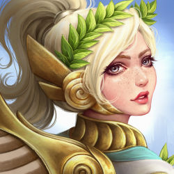 Rule 34 | 1girl, bad id, bad pixiv id, blonde hair, blue background, blue eyes, dress, dzydar, eyebrows, eyelashes, freckles, from side, gradient background, head wreath, high ponytail, laurel crown, lips, looking at viewer, looking to the side, mechanical wings, mercy (overwatch), nose, official alternate costume, overwatch, overwatch 1, parted lips, pink lips, portrait, smile, solo, white dress, winged victory mercy, wings