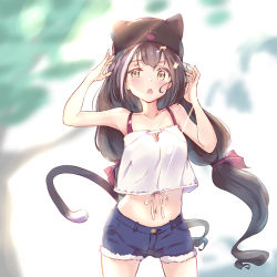 Rule 34 | 1girl, animal hat, bare shoulders, black hair, breasts, cat hat, cat tail, chocomoch, cleavage, crop top, fur trim, green eyes, hat, highres, karyl (princess connect!), low twintails, midriff, multicolored hair, navel, open mouth, paw print, princess connect!, short shorts, shorts, small breasts, solo, streaked hair, tail, tree, triangle mouth, twintails