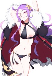 Rule 34 | 1girl, absurdres, ahoge, arm behind head, armpits, arms up, bare shoulders, bikini, bikini under clothes, black bikini, black cape, breasts, cape, cleavage, collarbone, fate/grand order, fate (series), flower, forehead, fur-trimmed cape, fur trim, hair flower, hair ornament, highres, house tag denim, large breasts, long hair, looking at viewer, navel, one eye closed, parted bangs, purple eyes, purple hair, sidelocks, smile, solo, swimsuit, thighs, very long hair, wu zetian (fate), wu zetian (swimsuit caster) (fate), wu zetian (swimsuit caster) (third ascension) (fate)