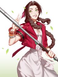Rule 34 | 1girl, absurdres, aerith gainsborough, bracelet, braid, braided ponytail, breasts, brown hair, choker, cleavage, cropped jacket, dress, falling petals, final fantasy, final fantasy vii, final fantasy vii remake, green eyes, highres, holding, holding weapon, jacket, jewelry, materia, medium breasts, parted bangs, petals, pink dress, red jacket, sidelocks, square enix, staff, upper body, weapon, zelus