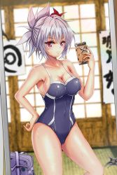 Rule 34 | 1girl, absurdres, ayakashi triangle, big kapipara, blue one-piece swimsuit, blush, breasts, cellphone, cleavage, commentary request, eyelashes, grey hair, hair ornament, happy, highres, kazamaki matsuri, kazamaki matsuri (female), large breasts, long hair, looking at viewer, one-piece swimsuit, phone, pink eyes, pinwheel, pinwheel hair ornament, ponytail, school swimsuit, selfie, shuriken, smartphone, smile, solo, standing, swimsuit, weapon