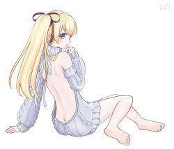 Rule 34 | 1girl, 2017, aran sweater, arm support, artist name, ass, backless dress, backless outfit, bare back, bare shoulders, black ribbon, blonde hair, blue eyes, butt crack, cable knit, dated, detached sleeves, dress, euphie (holicy), from behind, full body, grey sweater, hair ribbon, halterneck, highres, long hair, looking at viewer, looking back, meme attire, naked sweater, parted lips, ribbed sweater, ribbon, shironeko project, side ponytail, signature, simple background, sitting, soles, solo, sophie (shironeko project), sweater, sweater dress, turtleneck, turtleneck sweater, virgin killer sweater, white background, yokozuwari