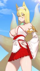 Rule 34 | 1girl, angry, animal ear fluff, animal ears, animated, blinking, blonde hair, blue sky, blush, bouncing breasts, breasts, canned tuna, cleavage, cloud, day, dc (makezzal), english text, fox ears, fox girl, fox tail, from below, hair between eyes, hakama, hakama skirt, hirume of heavenly incense, huge filesize, japanese clothes, kitsune, kyuubi, large breasts, last origin, long hair, looking at viewer, maebari, magatama, maid headdress, miko, multiple tails, ofuda, ofuda on pussy, outdoors, skirt, sky, solo, tail, ugoira