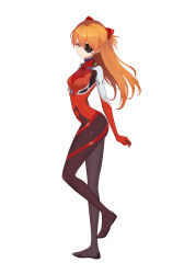 Rule 34 | 1girl, absurdres, artist request, ass, bodysuit, breasts, brown hair, curvy, evangelion: 3.0 you can (not) redo, eyepatch, highres, interface headset, long hair, looking at viewer, medium breasts, neon genesis evangelion, plugsuit, rebuild of evangelion, red bodysuit, shiny clothes, simple background, solo, souryuu asuka langley, standing, stretching, two side up, white background, wide hips