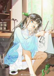 Rule 34 | 1girl, artist request, bare legs, barefoot, blue dress, blue eyes, blush, braid, branch, closed mouth, cup, douluo dalu, drawing, dress, head tilt, highres, holding, holding brush, long hair, looking at viewer, ning rongrong (douluo dalu), second-party source, solo, table, tiara, tree, window