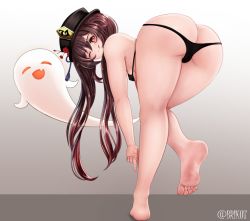 Rule 34 | 1girl, ass, bare shoulders, barefoot, bent over, bikini, breasts, brikot, butt crack, come hither, feet, from behind, genshin impact, ghost, hat, hu tao, leaning, leaning forward, long hair, looking at viewer, naughty face, one eye closed, red eyes, shiny, shiny hair, shiny skin, sideboob, smile, swimsuit, tongue, tongue out, twintails, very long hair, wink