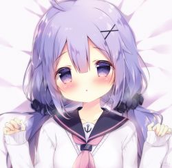 Rule 34 | 1girl, :o, ahoge, anchor symbol, azur lane, bed sheet, black sailor collar, black scrunchie, blush, commentary request, fio88, hair between eyes, hair ornament, hair scrunchie, hands up, head tilt, long hair, long sleeves, looking at viewer, low twintails, neckerchief, parted lips, pink neckerchief, purple eyes, purple hair, sailor collar, school uniform, scrunchie, serafuku, shiratama (shiratamaco), shirt, sleeves past wrists, solo, sweater, twintails, unicorn (long-awaited date) (azur lane), unicorn (azur lane), upper body, white shirt, white sweater, x hair ornament