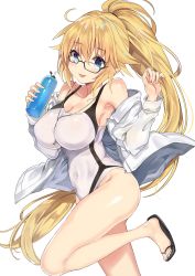 Rule 34 | 1girl, absurdres, bespectacled, bottle, commentary request, competition swimsuit, fate/grand order, fate (series), glasses, hair flaps, head tilt, highres, hood, hooded jacket, jacket, jeanne d&#039;arc (fate), jeanne d&#039;arc (ruler) (fate), jeanne d&#039;arc (swimsuit archer) (fate), jeanne d&#039;arc (swimsuit archer) (second ascension) (fate), looking at viewer, one-piece swimsuit, ponytail, retsuto, sandals, simple background, solo, standing, standing on one leg, swimsuit, tongue, tongue out, water bottle, white background, white jacket, white one-piece swimsuit
