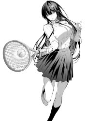 Rule 34 | 1girl, ball, breasts, greyscale, haite kudasai takamine-san, highres, hiiragi yuuichi, holding, holding racket, large breasts, leg up, long hair, long sleeves, looking at viewer, monochrome, necktie, one eye closed, parted lips, pleated skirt, racket, shirt, skirt, solo, takamine takane, tennis ball, tennis racket, upper body