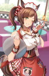 Rule 34 | 1girl, animal ears, blush, booth seating, breasts, brown hair, cleavage, clothing cutout, diner, green eyes, grin, headdress, heart on chest, high-waist skirt, highres, holding, holding tray, horse ears, horse girl, horse tail, indoors, ines fujin (melty gift) (umamusume), ines fujin (umamusume), jewelry, large breasts, long hair, looking at viewer, maid headdress, name tag, navel, necklace, notice lines, one eye closed, red nails, red skirt, shirt, short hair, shoulder cutout, side ponytail, skirt, smile, solo, tail, tray, umamusume, upper body, waitress, white shirt, window, wrist cuffs, yu ni t