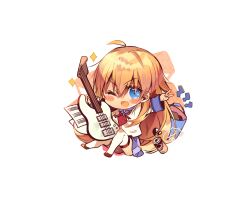 Rule 34 | 1girl, ;d, ahoge, angel beats!, arm up, blonde hair, blue skirt, blush stickers, can, chi no, chibi, excited, guitar, hair between eyes, holding, holding instrument, instrument, knees up, long hair, long sleeves, looking at viewer, miniskirt, one eye closed, open mouth, sekine shiori, shinda sekai sensen uniform, shirt, signature, simple background, sitting, skirt, smile, solo, sparkle, thighhighs, v, v-shaped eyebrows, very long hair, white background, white shirt, white thighhighs, zettai ryouiki
