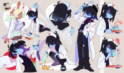 Rule 34 | 1boy, 1girl, 1other, alternate costume, animal ears, antlers, black coat, black hair, blonde hair, blue hair, blue skin, closed mouth, coat, colored skin, commentary, cup, deer antlers, deer ears, deer girl, deltarune, doctor, drinking, furry, furry female, gradient hair, green hair, hair between eyes, hair over one eye, hand in pocket, hat, heart, holding, holding tray, horns, kris (deltarune), lab coat, large syringe, long hair, long sleeves, multicolored hair, multiple views, noelle holiday, nurse, nurse cap, oversized object, pants, pill, senjochi janai, shaded face, simple background, spamton g. spamton, sparkle, squatting, stethoscope, sunglasses, symbol-only commentary, syringe, tray, twitter username
