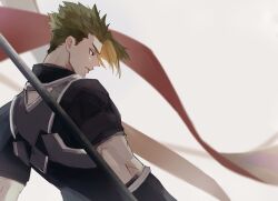Rule 34 | 1boy, achilles (fate), armor, black shirt, closed mouth, eyelashes, fate/apocrypha, fate (series), from side, gauntlets, green hair, haruakira, highres, holding, holding polearm, holding weapon, looking down, male focus, mature male, polearm, profile, shirt, short hair, short sleeves, simple background, solo, undercut, upper body, weapon