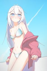 Rule 34 | 1girl, absurdres, antenna hair, aqua bikini, bikini, blue background, blue eyes, blue sky, blush, breasts, bright pupils, collarbone, commentary request, contrail, cowboy shot, day, gumi (guminghc), hair between eyes, highres, jacket, leaning back, long hair, navel, off shoulder, open clothes, open jacket, parted lips, pink jacket, sidelocks, sky, sleeves past wrists, small breasts, solo, stomach, strap slip, swimsuit, thighs, two-tone background, vei (vtuber), vei (vtuber) (1st costume), very long hair, virtual youtuber, vshojo, wet, white background, white hair, white pupils