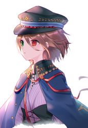 Rule 34 | 1girl, black hat, blue cape, brown hair, cape, cropped torso, green eyes, hair between eyes, hat, heterochromia, highres, japanese clothes, kimono, looking away, moseley, peaked cap, red eyes, rozen maiden, simple background, solo, souseiseki, striped clothes, striped kimono, upper body, vertical-striped clothes, vertical-striped kimono, white background, white kimono