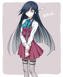 Rule 34 | 10s, 1girl, asymmetrical bangs, black hair, blue bow, blunt bangs, bow, bowtie, front-seamed legwear, gradient hair, grey pantyhose, hair over one eye, hair ribbon, hayashimo (kancolle), highres, holding own arm, kantai collection, long hair, long sleeves, multicolored hair, pantyhose, pleated skirt, purple eyes, purple skirt, ribbon, seamed legwear, skirt, solo, takano suzu, translation request, very long hair