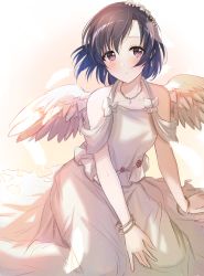 Rule 34 | 1girl, absurdres, bad id, bad pixiv id, bangle, bare shoulders, black hair, bracelet, breasts, brown eyes, collarbone, commentary request, dress, feathered wings, feathers, flower, hair between eyes, highres, idolmaster, idolmaster cinderella girls, jewelry, long hair, looking at viewer, mini wings, necklace, satoimo chika, shiragiku hotaru, sleeveless, sleeveless dress, small breasts, solo, torn clothes, torn dress, white dress, white flower, white wings, wings