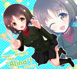 Rule 34 | 1girl, alina (girls und panzer), black skirt, blush, breasts, brown eyes, character name, dated, girls und panzer, happy birthday, highres, kumaisao, looking at viewer, military uniform, one eye closed, open mouth, pravda military uniform, skirt, small breasts, smile, solo, uniform, v