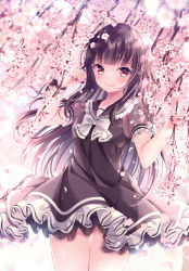 Rule 34 | 1girl, black dress, black hair, black nails, black sailor collar, blush, bow, cherry blossoms, closed mouth, commentary request, dress, flower, frilled sailor collar, frills, hands up, looking at viewer, nail polish, nemuri nemu, original, puffy short sleeves, puffy sleeves, red eyes, sailor collar, sailor dress, see-through, see-through sleeves, short sleeves, smile, solo, white bow, white flower