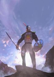 Rule 34 | 1boy, armor, blue sky, chainmail, covered face, dark souls (series), dark souls i, day, full armor, helmet, highres, holding, holding shield, holding sword, holding weapon, male focus, miso katsu, outdoors, shield, sky, solaire of astora, solo, standing, sword, tabard, weapon