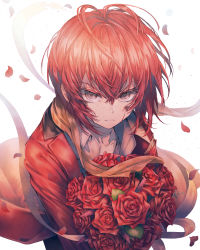 Rule 34 | 1boy, absurdres, antenna hair, blood, blood on face, bouquet, coat, flower, from above, frown, grey eyes, hair between eyes, highres, holding, holding bouquet, jacket, long sleeves, looking at viewer, male focus, petals, red coat, red flower, red hair, red rose, ribbon, riddle rosehearts, rose, shirt, simple background, solo, twisted wonderland, uko magi, untied, white background, white shirt