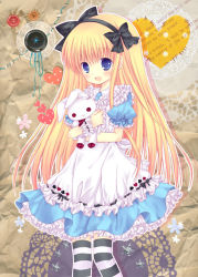 Rule 34 | 1girl, alice (alice in wonderland), alice in wonderland, alice liddell (kuni no alice), bad id, bad pixiv id, blonde hair, blue eyes, blush, dress, hairband, heart no kuni no alice, hug, long hair, mizuse ruka, open mouth, rabbit, smile, solo, striped clothes, striped thighhighs, stuffed animal, stuffed rabbit, stuffed toy, thighhighs