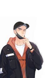 Rule 34 | 1boy, absurdres, baseball cap, black hat, black mask, blue eyes, blue hair, breast pocket, buttons, closed mouth, commentary, djun, earrings, hat, here u are, highres, hood, hood down, hoodie, jewelry, layered clothes, li huan, long sleeves, male focus, pocket, ring, shirt, short hair, simple background, solo, upper body, watch, watermark, white background, white shirt, wristwatch