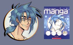Rule 34 | 1boy, artist name, bags under eyes, black eyes, blouse, blue-haired boy (how to draw manga), blue background, blue hair, blue theme, blush, chromatic aberration, collarbone, cover, cover page, derivative work, dithering, drop shadow, grin, hair intakes, half-closed eyes, happy, highres, how to draw manga, how to draw manga redraw challenge (meme), katy coope, light blush, long hair, looking at viewer, male focus, meatgiri, meme, nose blush, ponytail, portrait, reference work, shirt, sidelocks, sideways mouth, signature, simple background, smile, solo, teeth, thick eyebrows, twitter username, upper body, white shirt