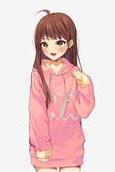 1girl blush brown_hair fang green_eyes highres hood hoodie hyanna-natsu long_hair long_sleeves open_mouth original pink_hoodie solo