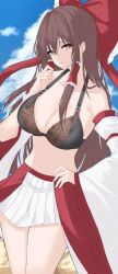 Rule 34 | 1girl, 7saki, bare shoulders, bikini, bikini top only, black bikini, blue sky, bow, bra, breasts, brown hair, cleavage, cloud, cowboy shot, day, detached sleeves, frilled bow, frills, hair between eyes, hair bow, hair tubes, hakurei reimu, highres, large breasts, long hair, long sleeves, looking at viewer, midriff, miniskirt, multicolored clothes, multicolored skirt, navel, outdoors, red bow, sidelocks, sketch, skirt, sky, smile, solo, stomach, swimsuit, thighs, touhou, underwear, wide sleeves, yellow eyes