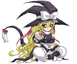 Rule 34 | 1girl, adapted costume, apron, bad id, bad pixiv id, blonde hair, demon girl, demon horns, demon tail, female focus, hat, horns, indian style, jaggy lines, kirisame marisa, looking at viewer, minarai, pantyhose, red eyes, simple background, sitting, solo, spread legs, tail, touhou, waist apron, white background, witch hat