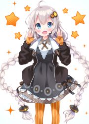 Rule 34 | 1girl, :d, ahoge, black dress, black jacket, blue eyes, blush, braid, collared dress, commentary request, cowboy shot, dress, fingerless gloves, gloves, hair between eyes, hair ornament, jacket, karaage3, kizuna akari, long hair, long sleeves, looking at viewer, low twintails, open clothes, open jacket, open mouth, orange gloves, orange pantyhose, pantyhose, puffy long sleeves, puffy sleeves, silver hair, simple background, smile, solo, star (symbol), starry background, striped clothes, striped gloves, striped pantyhose, twin braids, twintails, vertical-striped clothes, vertical-striped gloves, vertical-striped pantyhose, very long hair, vocaloid, voiceroid, white background