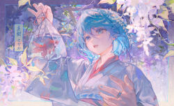 Rule 34 | 1girl, absurdres, alternate costume, bag, blue eyes, blue hair, blue kimono, blue nails, blue sky, blue sleeves, character name, colored eyelashes, fish, flower, goldfish, goldfish scooping, hair flower, hair ornament, highres, holding, holding bag, japanese clothes, jewelry, kimono, long sleeves, looking at animal, maccha (mochancc), mahou shoujo madoka magica, mahou shoujo madoka magica (anime), miki sayaka, nail polish, open mouth, outdoors, plastic bag, purple flower, red ribbon, ribbon, ring, short hair, sky, smile, solo, teeth, upper body, upper teeth only, wide sleeves, wisteria, yukata