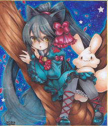 Rule 34 | 1girl, animal ears, bell, bow, dated, dress, hair bow, long hair, mosho, original, signature, sitting, solo, traditional media, tree