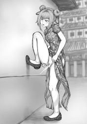 Rule 34 | 1girl, absurdres, blush, breasts, china dress, chinese clothes, clothing aside, dodomesu, double bun, dress, female focus, female pubic hair, floral print, full body, greyscale, hair bun, highres, leg up, looking down, monochrome, open mouth, original, outdoors, panties, panties aside, peeing, pelvic curtain, pubic hair, pussy, shoes, short hair, short sleeves, side slit, small breasts, solo, spread legs, standing, standing on one leg, sweat, teeth, uncensored, underwear