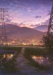Rule 34 | building, city, city lights, cityscape, cloud, cola (gotouryouta), dusk, evening, grass, highres, mountain, no humans, original, outdoors, path, plant, pond, power lines, purple sky, reflection, road, scenery, shore, sky, star (sky), starry sky, sunset, transmission tower, tree, water