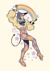 Rule 34 | 1other, arm up, blue bow, blue bowtie, bow, bowtie, dancing, demon tail, full body, hand up, highres, jester, leg up, lgbt pride, looking ahead, luka (nousanti), original, other focus, profile, rainbow, smile, solo, standing, star (symbol), starry background, tail
