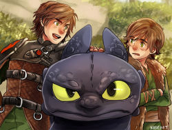 Rule 34 | 2boys, belt, brown hair, dragon, dreamworks, dual persona, green eyes, hiccup horrendous haddock iii, how to train your dragon, kadeart, multiple boys, short hair, toothless