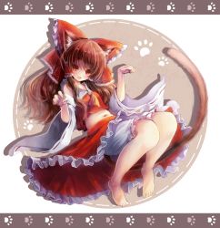 Rule 34 | 1girl, animal ears, ascot, barefoot, belly, bloomers, bow, breasts, brown hair, cat ears, cat tail, detached sleeves, hair bow, hair tubes, hakurei reimu, kemonomimi mode, long hair, long sleeves, looking at viewer, midriff, navel, open mouth, paw pose, paw print, piyokichi, plump, red eyes, shirt, skirt, small breasts, smile, solo, tail, touhou, underwear, upskirt, wide sleeves