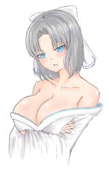 Rule 34 | &gt;:o, 10s, 1girl, bare shoulders, blue eyes, breasts, cleavage, crossed arms, dress, japanese clothes, large breasts, long sleeves, open mouth, senran kagura, short hair, simple background, solo, white background, white dress, wide sleeves, yumi (senran kagura)